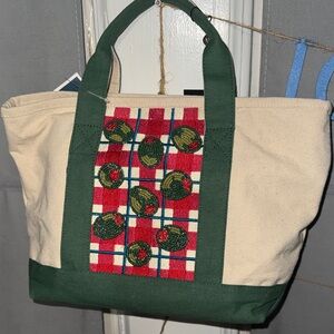 Embroidered Olive Canvas Tote Bag - Green and Cream